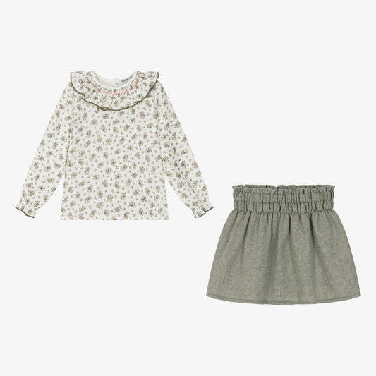 Babidu girls ivory & green floral skirt set